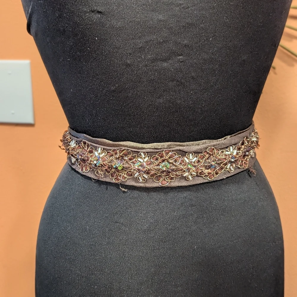 Whimsigoth Vintage Y2K Brown Belt Satin Embroidered Tie Waist Or Headband